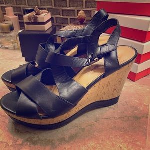 Black and cork platform wedge sandals